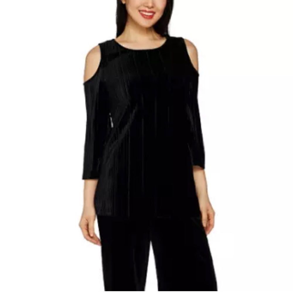 Dennis Basso Pleated Stretch Velvet Cold Shoulder